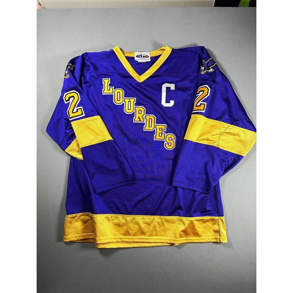 Vintage Athletic Knit Men’s XL Purple/Gold Hockey Jersey V-Neck Mesh Logo